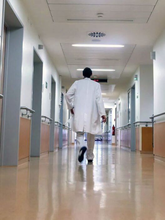 Hasta olmayan bir hastanede yürüyen doktor